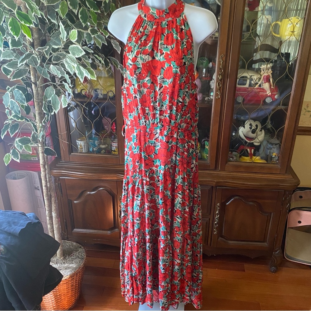 Ebby And I Women’s Red Floral Halter Maxi Dress Sleeveless High Neck Size 14